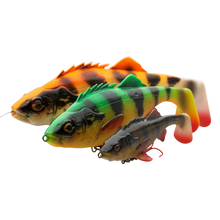 Laden Sie das Bild in den Galerie-Viewer, Savage gear 4D line thru perch. 20cm - 100g . Paddle tail realistic lures.